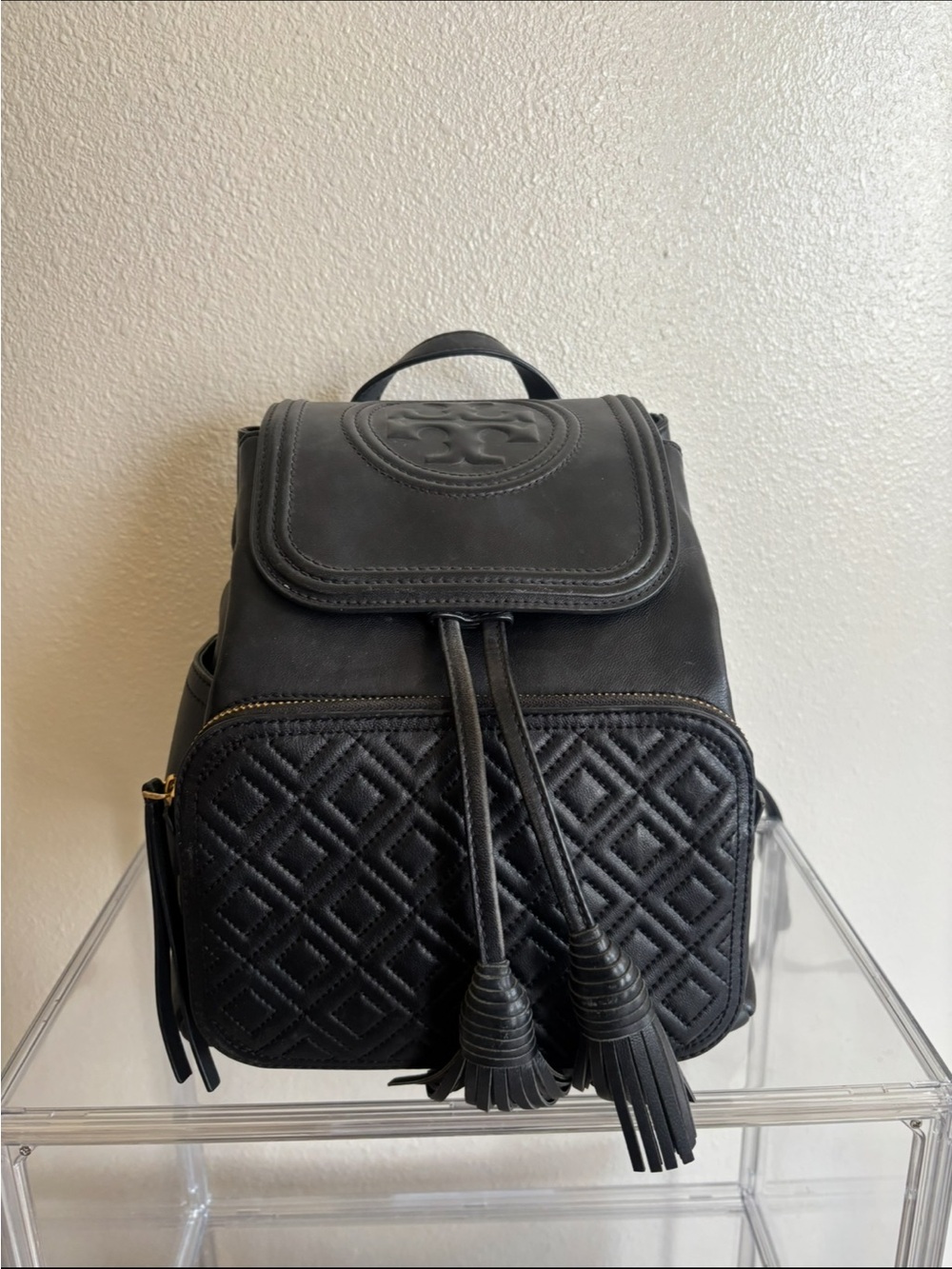 Tory Burch Black Quilted Mini Drawstring Backpack